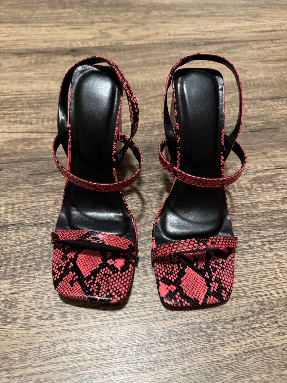 Red Snake-Print Block Heel Strappy Sandals